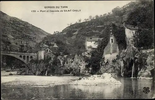 Ak Saint Chély du Tarn Lozère, Pont, Cascade