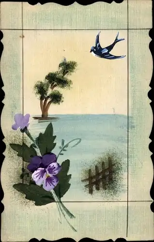 Handgemalt Ak Glückwunsch, Stiefmütterchen, Schwalbe