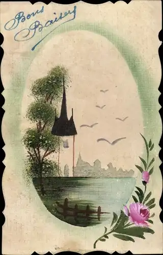 Handgemalt Ak Bons Baisers, Kirchturm am Wasser, Rosen