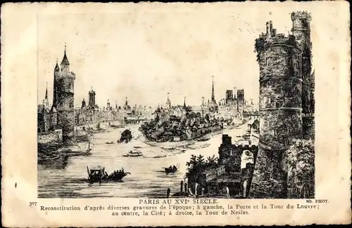 Ak Paris XVI., Reconstitution d'apres diverses gravures de l'epoque, Porte et la Tour du Louvre