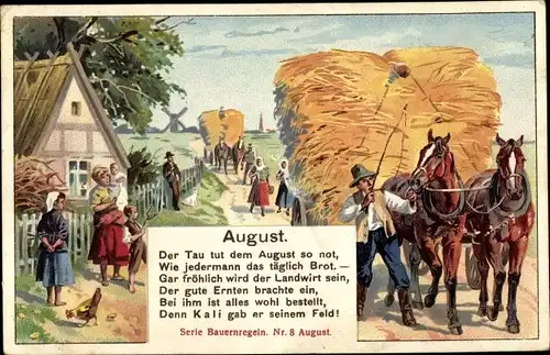 Künstler Ak Bauernregeln Nr. 8, August, Pferdefuhrwerk, Reklame, Kalisyndikat Berlin
