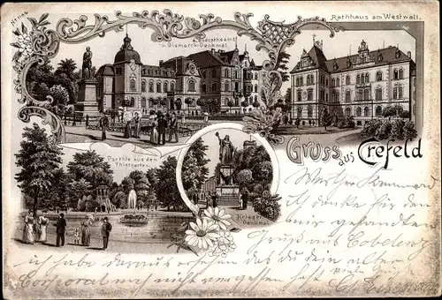 Litho Krefeld am Niederrhein, Landratsamt, Bismarckdenkmal, Rathaus, Tiergarten, Kriegerdenkmal