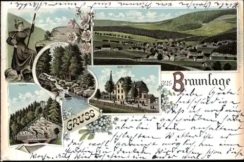 Litho Braunlage im Oberharz, Berghotel, Wasserfall, Klippe
