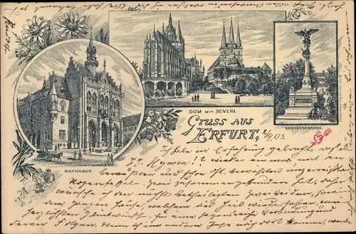 Litho Erfurt in Thüringen, Dom, Severikirche, Rathaus, Kriegerdenkmal