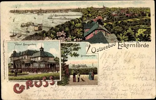 Litho Eckernförde in Schleswig Holstein, Hotel Seegarten, Strand, Panorama