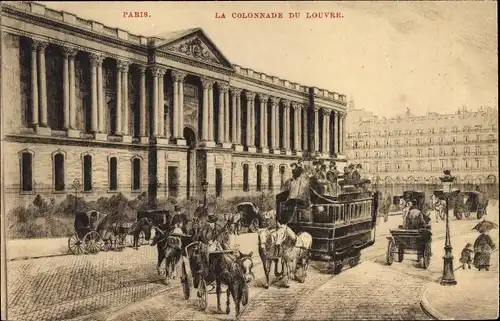 Litho Paris I., Collonade de Louvre, tramway, caleches