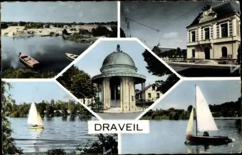 Ak Draveil Essonne, Le Mairie, banc de sable, la lanterne, les voiliers, la Seine