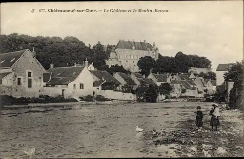 Ak Châteauneuf sur Cher, Le Château et le Moulin Bateau