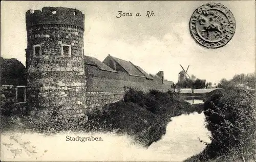 Ak Zons Dormagen Niederrhein, Stadtgraben, Turm, Windmühle