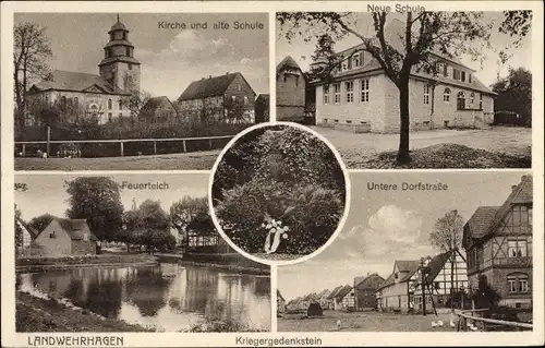 Ak Landwehrhagen Staufenberg in Niedersachsen, Kirche, alte und neue Schule, Feuerteich, Dorfstraße