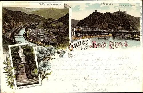 Litho Bad Ems an der Lahn, Lahnabwärts, Bäderley, Kaiser Wilhelm Denkmal