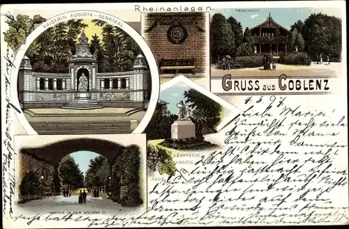 Litho Koblenz in Rheinland Pfalz, Kaiserin Augusta Denkmal, Rheinanlagen, Trinkhalle