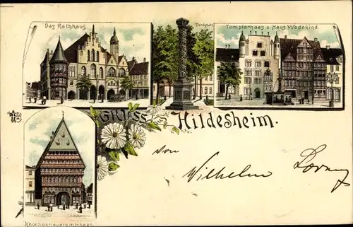 Litho Hildesheim in Niedersachsen, Rathaus, Templerhaus, Haus Wedekind, Knochenhaueramtshaus