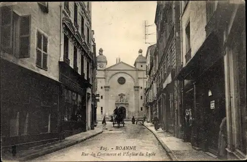 Ak Roanne Loire, Rue du Commerce et l'Église du Lycée