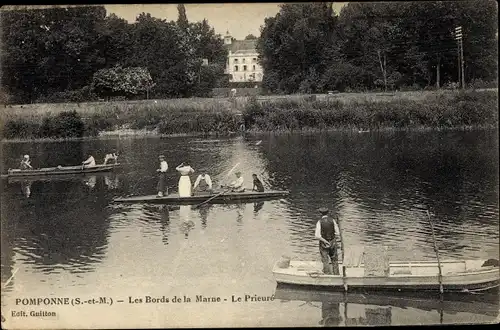 Ak Pomponne Seine et Marne, Bords de la Marne, Prieuré, barques