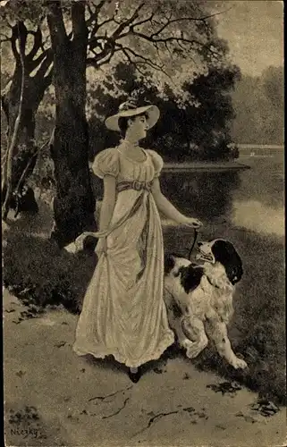 Künstler Ak Niczky, E., Der treue Begleiter, Dame in Kleid mit Hund