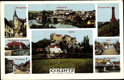 Ak Colditz in Sachsen, Schloss, Kirchgässchen, Badergasse, Heimatsturm, Markt, Muldenbrücke