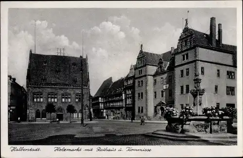 Ak Halberstadt in Sachsen Anhalt, Holzmarkt mit Rathaus und Kommisse