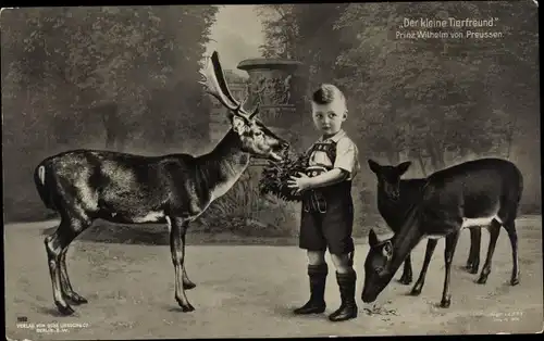 Ak Prinz Wilhelm von Preußen, Der kleine Tierfreund, Hirsche