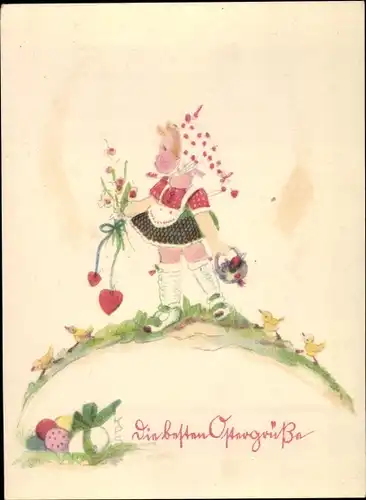 Künstler Ak Glückwunsch Ostern, Mädchen mit Blumen, Ostereier, Küken