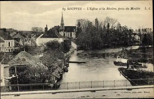 Ak Souppes Seine et Marne, Eglise, Riviere, prise du Moulin