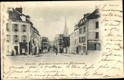 Ak Melun Seine et Marne, Rue Saint Aspais, vue des Carmes