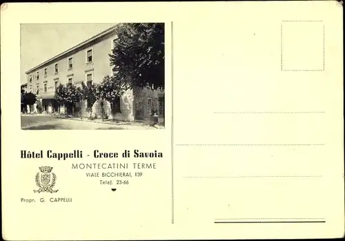 Ak Bagni di Montecatini Terme Toscana, Hôtel Cappelli, Croce di Savoia, Viale Bichhierai 1938