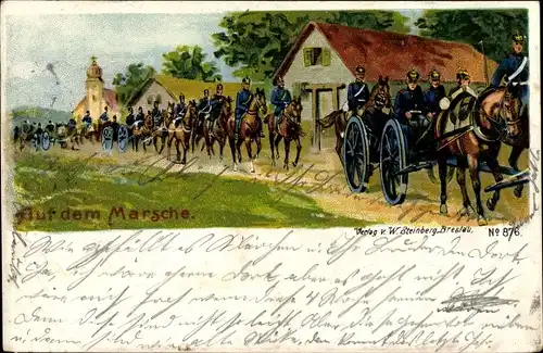 Litho Auf dem Marsche, Soldaten, Artillerie Train