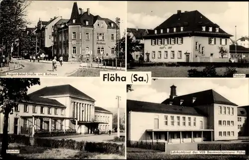 Ak Flöha in Sachsen, August Bebel Straße und Rathaus, Postamt, Bahnhof, Lehrkombinat