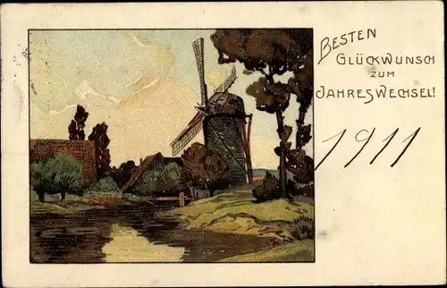 Litho Glückwunsch Neujahr, Windmühle