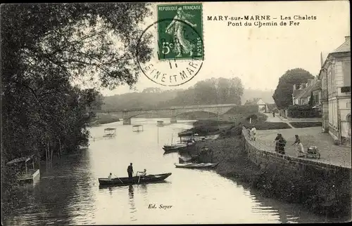 Ak Mary sur Marne Seine et Marne, Les Chalets, Pont du Chemin de Fer, barque