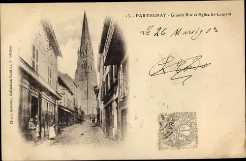 Ak Parthenay Deux Sevres, Grande Rue, Eglise St. Laurent