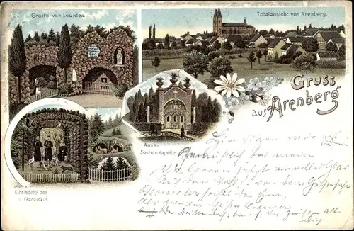 Litho Arenberg Koblenz in Rheinland Pfalz, Grotte von Lourdes, Arme Seelen Kapelle, Einsiedelei