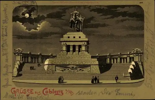 Mondschein Litho Koblenz in Rheinland Pfalz, Deutsches Eck, Denkmal Kaiser Wilhelm der Große