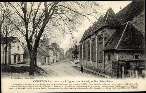 Ak Courtenay Loiret, L'Église, vue de côté, et Rue Saint Pierre