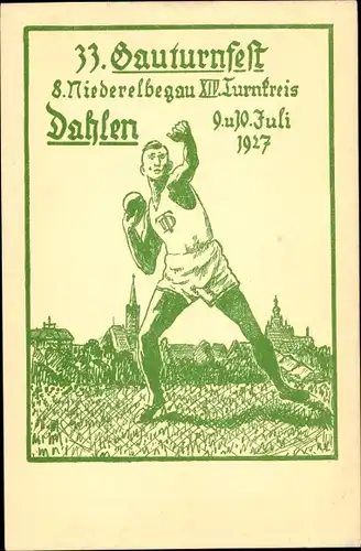 Künstler Ak Dahlen in Sachsen, Kugelstoßer, 33. Gauturnfest, 8. Niederelbegau XIV. Turnkreis 1927