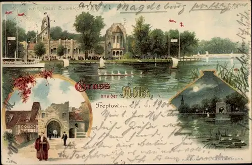 Litho Berlin Treptow, Abtei, Gasthaus G. Busekow, Seepartie