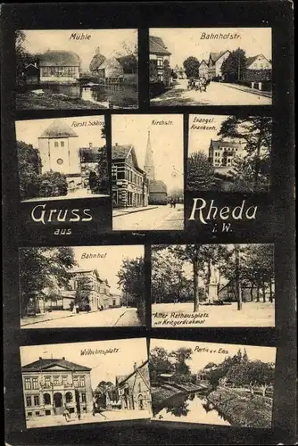 Ak Rheda Wiedenbrück, Mühle, Bahnhofstraße, Kirchstraße, Schloss, Bahnhof