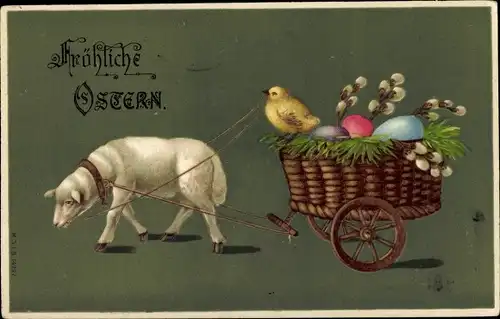 Präge Ak Glückwunsch Ostern, Lamm zieht Karren mit Küken, Ostereier, Weidenkätzchen