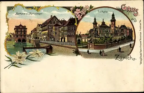 Litho Zürich Stadt Schweiz, Rathaus und Rathauskai, Tonhalle