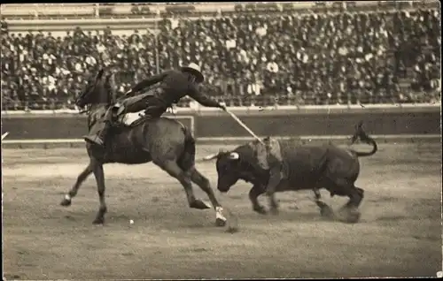 Foto Ak Stierkampf, Torero, Stier, Reiter, Pferd