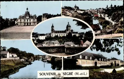 Ak Sagré Maine et Loire, chateau, mairie, bords de la riviere, Vue générale