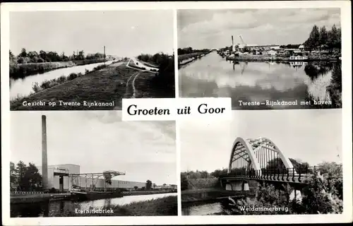 Ak Goor Overijssel Niederlande, Gezicht op Twente Rijnkanaal, Eternitfabriek, Weldammerbrug
