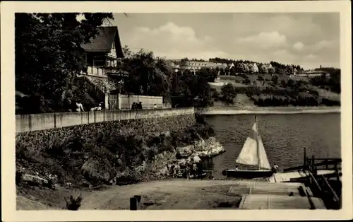 Ak Saalburg Ebersdorf in Thüringen, Segelboot, Anlegestelle, Häuser