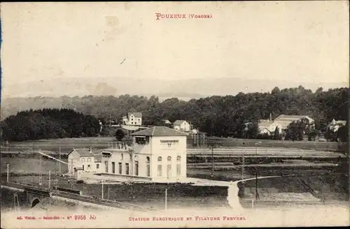 Ak Pouxeux Vosges, Station Éléctrique et Filature Febvrel