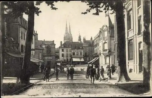 Ak Moulins Allier, Avenue Nationale et Place du Théâtre