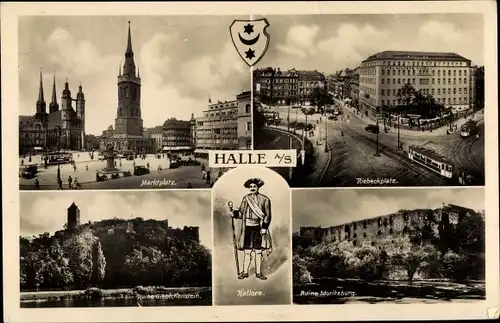 Wappen Ak Halle an der Saale, Hallore, Marktplatz, Riebeckplatz, Moritzburg
