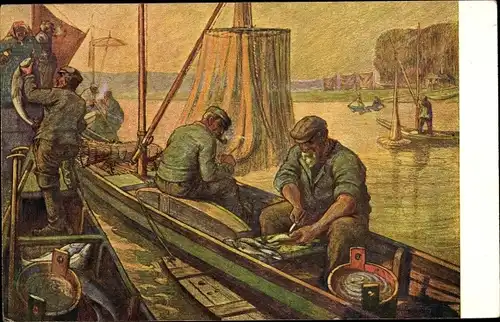 Künstler Ak Flussfischer beim Ausnehmen der Fische