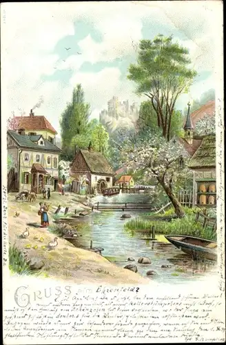 Litho Dorfpartie mit Wassermühle
