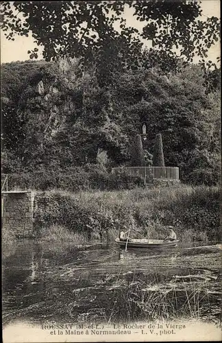 Ak Roussay Maine et Loire, Le Rocher de la Vierge et la Maine à Normandeau, barque